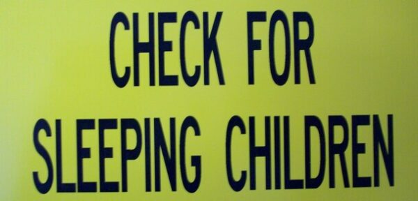 SB162, Garman Decal Check For Sleeping Children - Black on Yellow - 6" x 3"