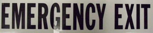 SB7, Garman Decal Emergency Exit - Black on Clear - 20" x 3 3/4"