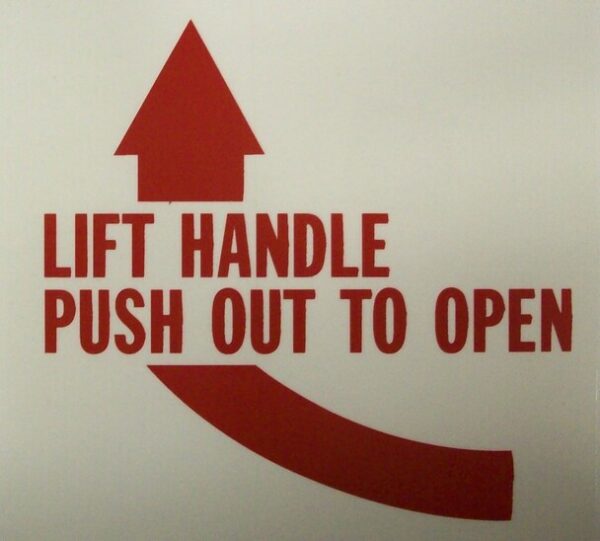 SB87, Garman Decal Lift Handle Push Out To Open (Red on Clear) - 5 3/4" x 5 1/4"